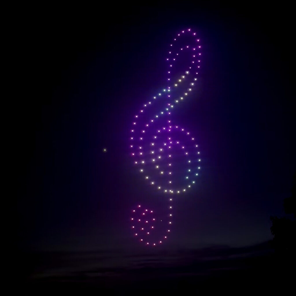 Light show drone animation, music, treble clef. Teemu Eskola 2026